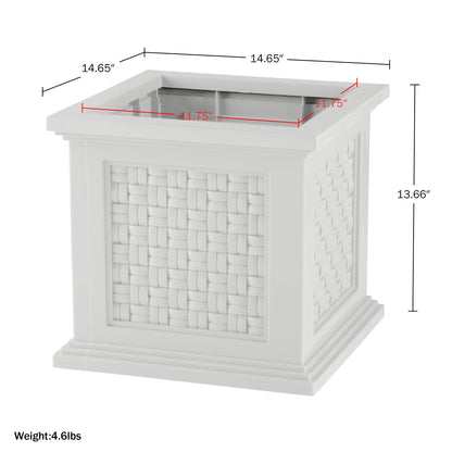 Rattan Style Outdoor Planter Box - 14.65-Inch-Square Decorative Flower or Plant Pot - Garden, Patio and Front Porch Decor by Pure Garden (White)