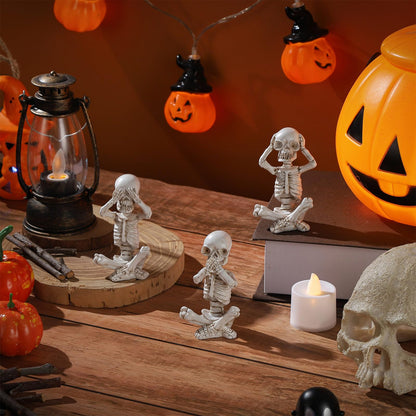 IBWell Set of 3 Mini Skeletons Statue “Hear See Speak No Evil” Sitting Skulls Figurines for Halloween Gothic Small Resin Skeletal Creepy Spooky Sculpture Home Decoration