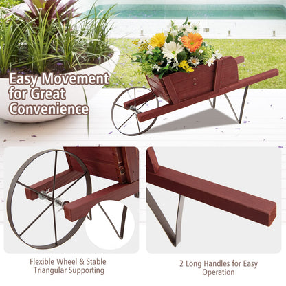 TANGZON Wheelbarrow Planter, Wooden Garden Wagon Planter Cart with 9 Magnetic Accessories, Wheel, 2 Handle, Outdoor Rustic Pine Wood Decorative Raised Plant Pot Stand for Patio Balcony (Reddish Brown)