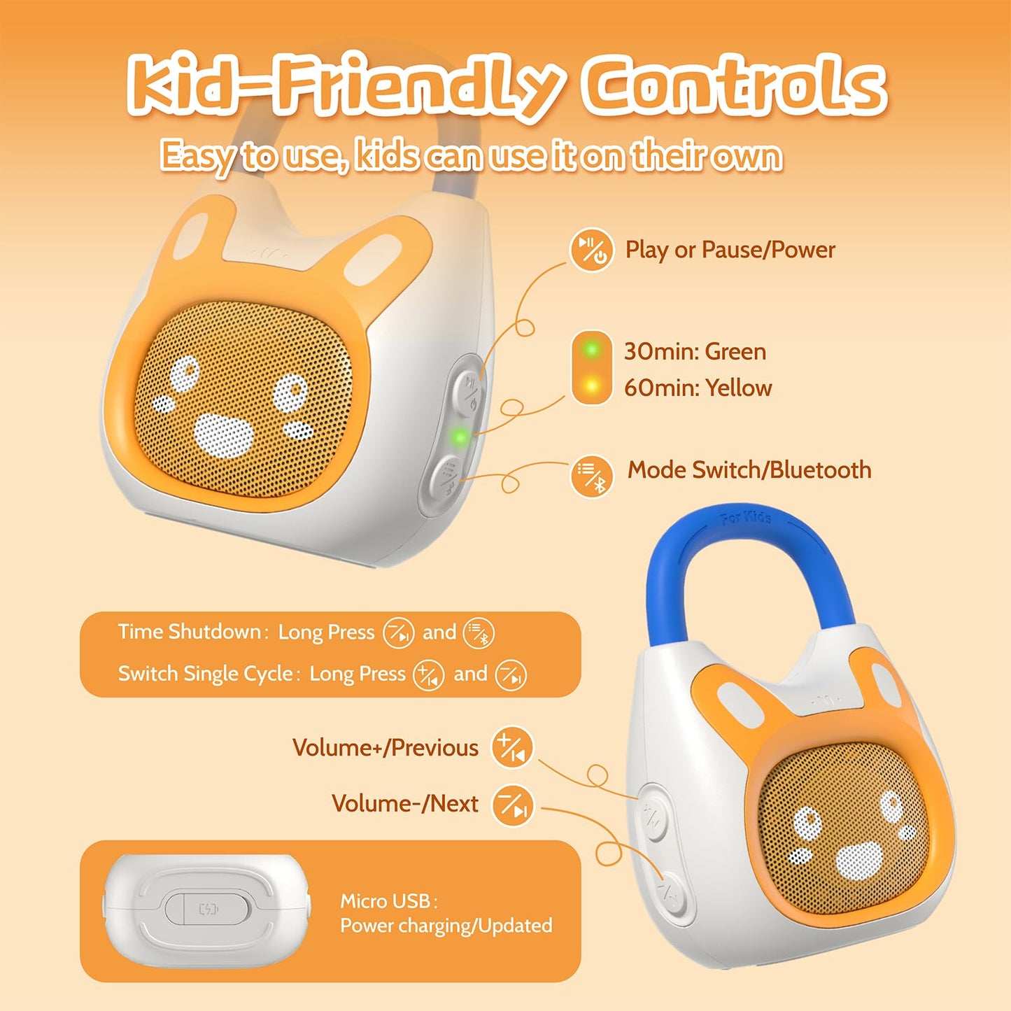 alilo Pocket Bunny Portable Kids Music Player, Musical Toys for Toddlers, Preloaded 120+ Stories/Music/Lullabies/White Noise,High Fidelity Sound Travel Bluetooth Speaker (with Strap and Ring)