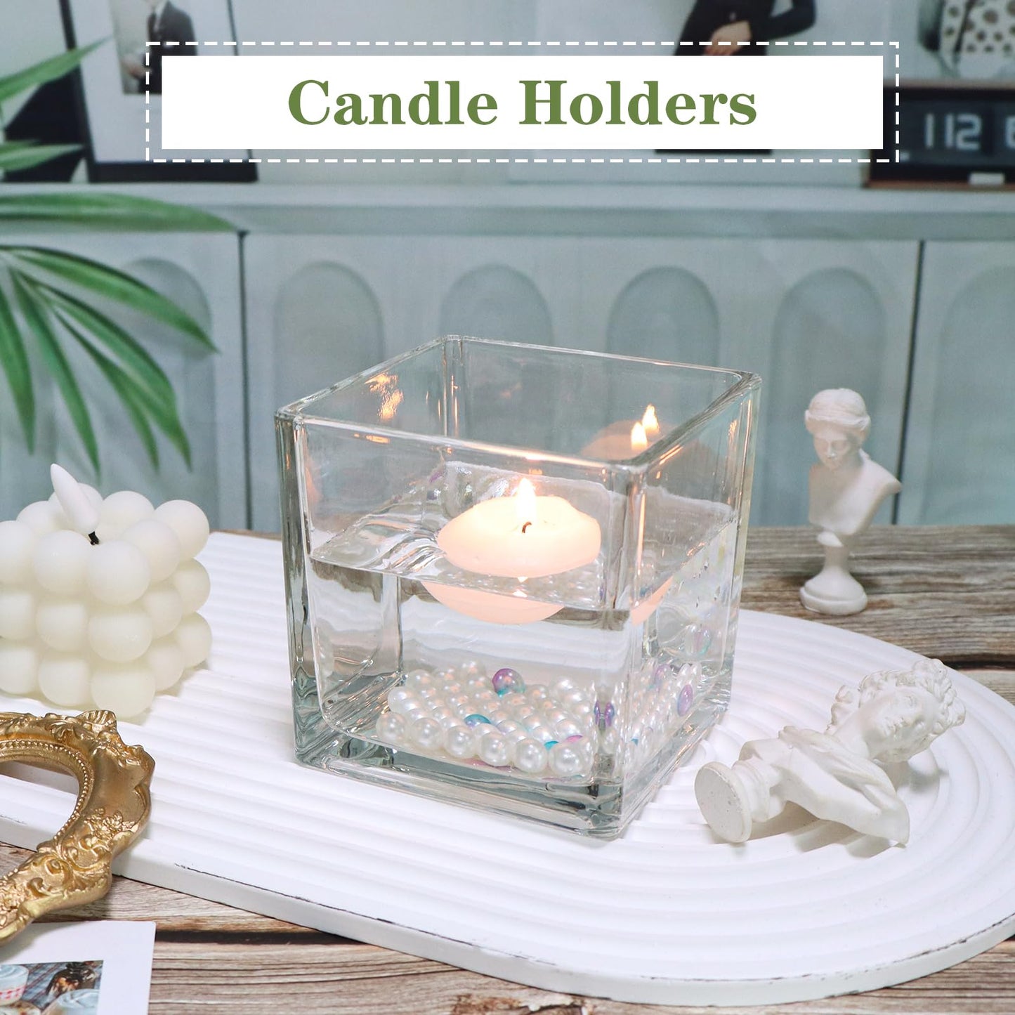 Comrzor 1 Pack Square Glass Vase 4" x 4" x 4", Clear Flower Vase for Centerpieces, Candle Holder for Wedding Party Events, Home Décor