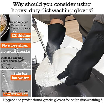 Heavy-Duty Thick Black Rubber Cleaning Gloves, 2 Pairs, L | Reusable & waterproof black/orange dual layers. Non-slip design for dishwashing, kitchen cleaning, and auto care.