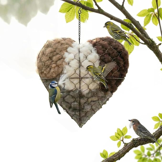 Handmade Alpaca Fiber Bird Nesting Heart, Alpaca Fiber Bird Nesting Material, Heart Shaped Birds Nestings House with Hanger for Wild Birds, Decorative Outdoor Garden Birdhouse Gift(1PCS)