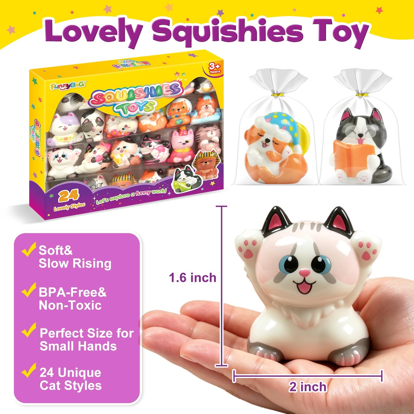 FUNNYB&G Cat Squishy Toys for Kids - 24 Pack Squishies Toy Party Favors Small Bulk Goodie Bag Stuffers Classroom Prizes Birthday Gifts for Boys Girls Toddler Slow Rising Squeeze Toy