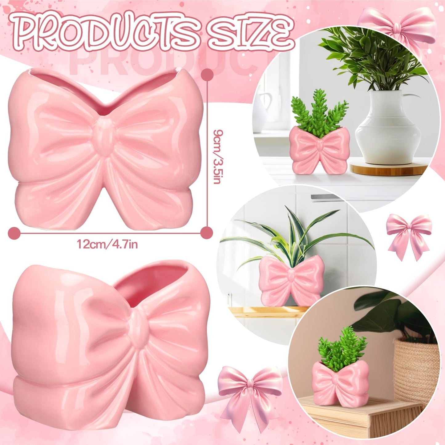 2 Pcs Coquette Bow Succulent Pots with Drainage Pink Bowtie Ceramic Planter Pots Plants Holder Bowtie Shaped Cactus Flower Container for Home and Office Desk Display Coquette Party Decoration