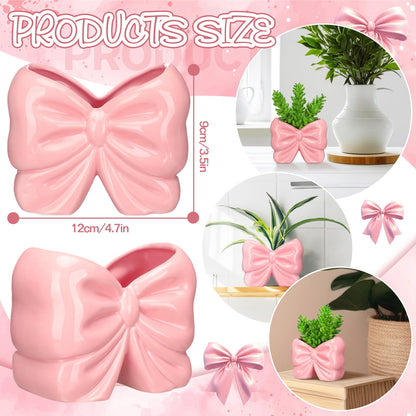 2 Pcs Coquette Bow Succulent Pots with Drainage Pink Bowtie Ceramic Planter Pots Plants Holder Bowtie Shaped Cactus Flower Container for Home and Office Desk Display Coquette Party Decoration