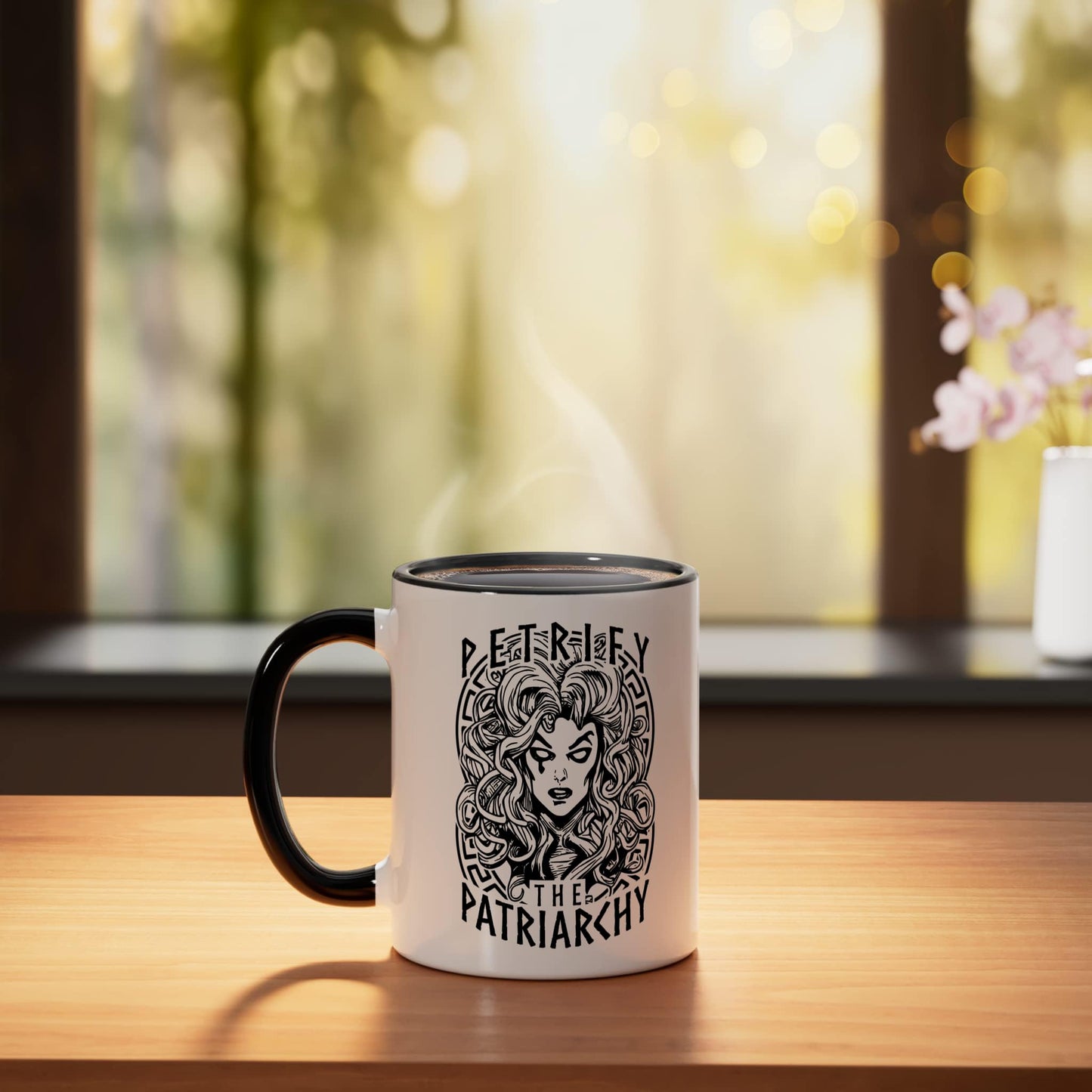 Petrify The Patriarchy Feminist Halloween Goth Medusa Witch Ceramic Mug, Black/White