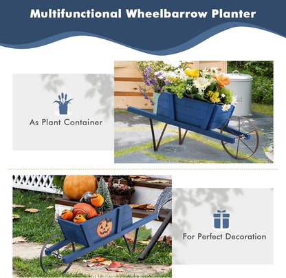 HAPPYGRILL Wooden Wagon Planter, Small Flower Planter Box w/Triangular Metal Support, 2 Energy-Saving Handles, Movable Wheel, Wood Wheelbarrow Cart Pot for Garden Backyard Holiday (Blue)