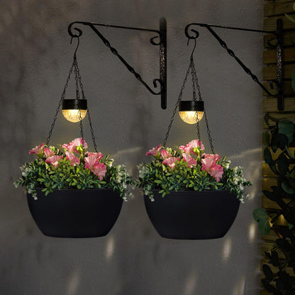 BAYN 2 Packs Solar Hanging Basket Planters for Plants Outdoor, Self Watering Black Flower Plants Pots with Solar Light Drainer for Balcony Patio Garden Outdoor Decoration