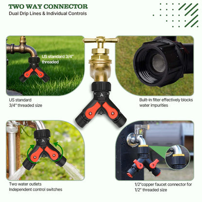 A ANLEOLIFE 100FT Drip Irrigation Kit, All-in-One Quick-Connect System with 1/2” Mainline + 1/4” Tubing, Y Splitter, 22 Adjustable Emitters & Nozzles for Raised Beds, Greenhouse, Vegetable Garden