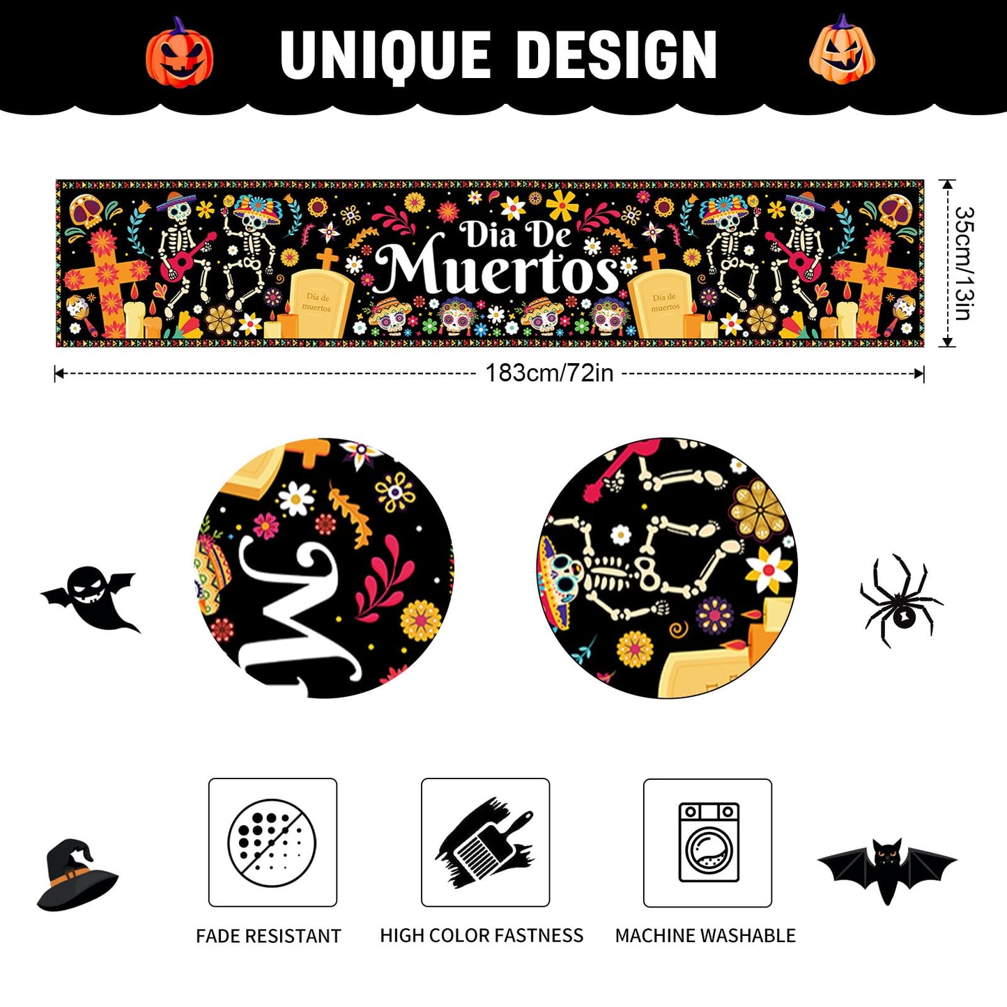 Halloween Table Runner 72 Inches Long, Day of The Dead Table Runner Dia De Los Muertos Sugar Skull Table Runner Happy Halloween Runners for Table Line Cover Tablecloth for Halloween Party Decorations