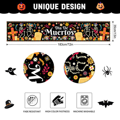 Halloween Table Runner 72 Inches Long, Day of The Dead Table Runner Dia De Los Muertos Sugar Skull Table Runner Happy Halloween Runners for Table Line Cover Tablecloth for Halloween Party Decorations
