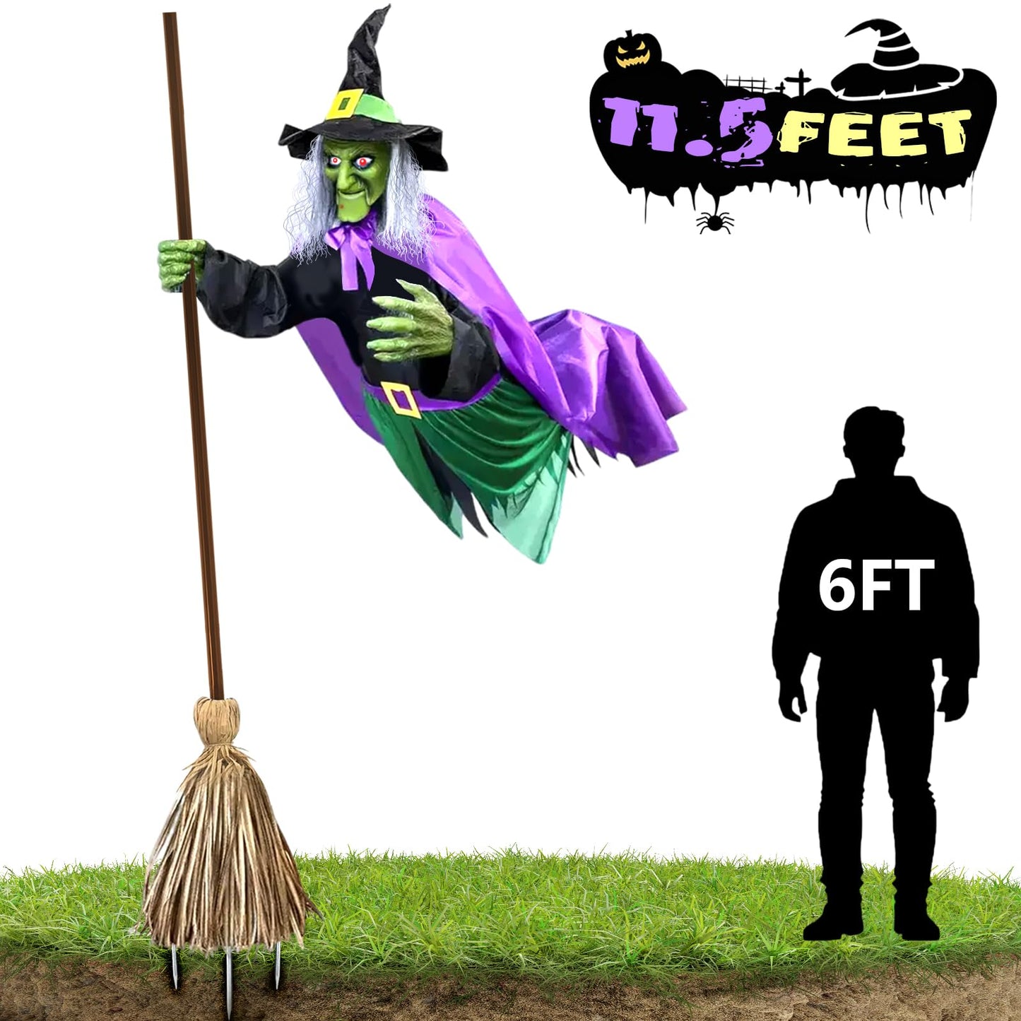 TitTees Halloween Decorations Outdoor - 11.5 Ft Animated Hovering Witch Animatronics - Sound & Touch Activated Sensor - Scary Halloween Decorations for Outdoor Garden/Yard/Lawn