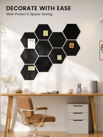 Fluxynara Hexagon Cork Board Alternative for Walls Decor-10-Pack Felt Bulletin Board Tiles,with 30 Pushpins,50 Adhesive Tabs for Office,Classrooms & Home Pin Board Felt Board-Black