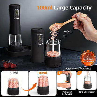 Electric Salt and Pepper Grinder, Rechargeable Automatic Pepper Mill with Base,5-Level Adjustable Coarseness, Display, LED Lighting, Large Capacity-Ideal for Kitchen, BBQ Gifts (1, Black-A)
