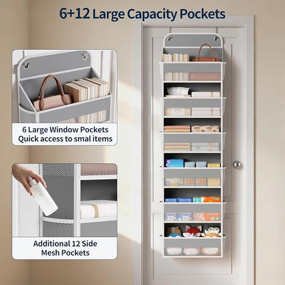 Yecaye 6 Tier Over the Door Organizer, 52.8lbs Capacity Door Organizer Hanging with 12 Mesh Pockets, Behind the Door Storage for Closet Baby Nursery Bathroom Bedroom,and Dorm,1Pc