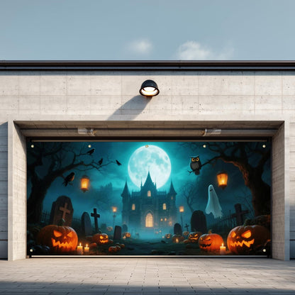 IVN Halloween Garage Door Cover 13x6ft Haunted Castle with Ghosts and Jack-o’-Lanterns Scene Garage Decoration with Green Moonlit Forest Halloween Decorations Outdoor