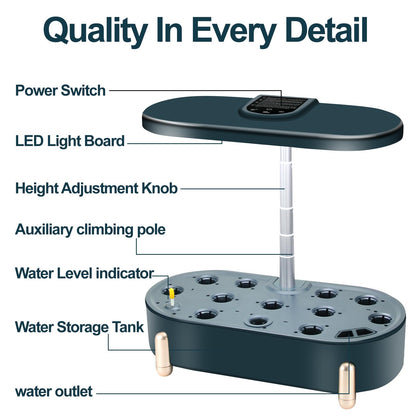 Indoor Garden Hydroponics Growing System12 Pods Plant Germination Kit Aeroponic Herb Vegetable Growth Lamp Countertop with LED Grow Light Hydrophonic Planter Grower Automatic Water Circulation (Green)