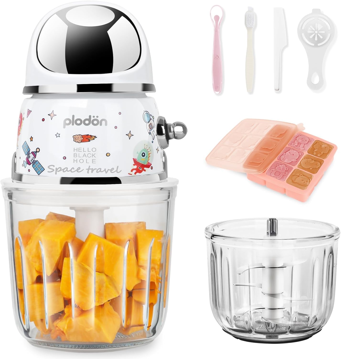 Baby Food Maker Mini Cute and Small Food Processor Puree Blender Grinder Chopper 1.2 Cup Glass Bowl with 6 Blade Electric (Spaceman-White(One Bowl))