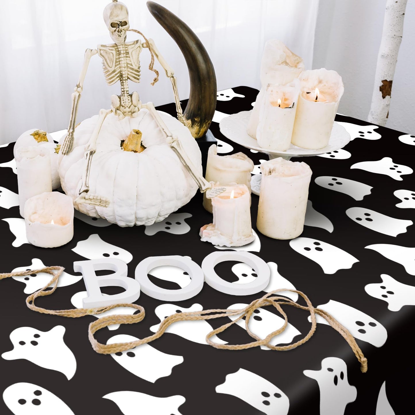 JarThenaAMCS 8 Pcs Halloween Plastic Tablecloths White Black Ghost Disposable Table Cover Spooky Rectangle Table Cloth for Trick or Treat Party Decor, 54 x 108 Inch
