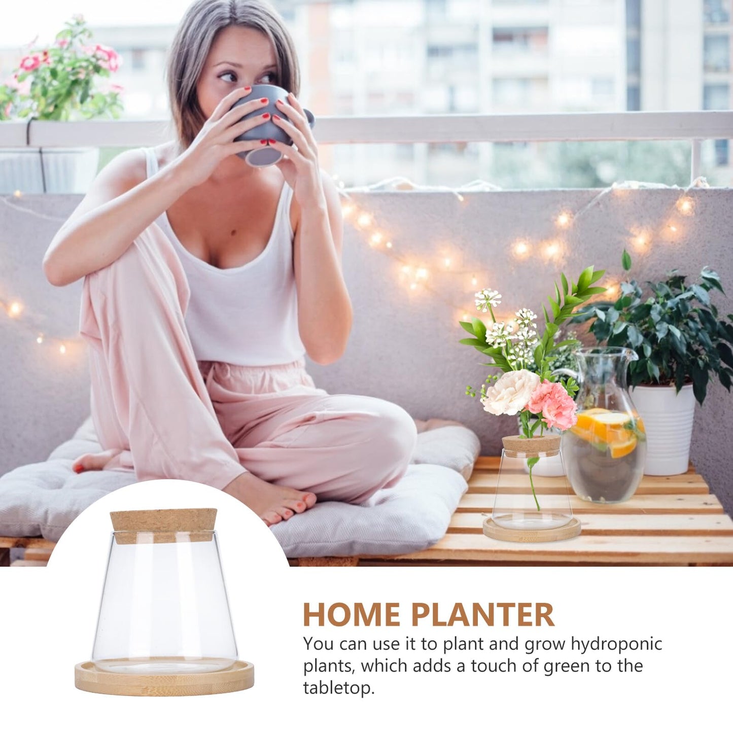 Uonlytech Hydroponic Glass Vase with Wooden Stopper and Dipper, Plant Terrarium for Indoor Gardening, Desktop Flower Pot for Office and Home Décor