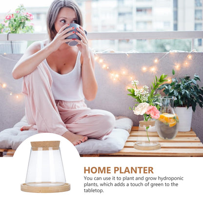 Uonlytech Hydroponic Glass Vase with Wooden Stopper and Dipper, Plant Terrarium for Indoor Gardening, Desktop Flower Pot for Office and Home Décor