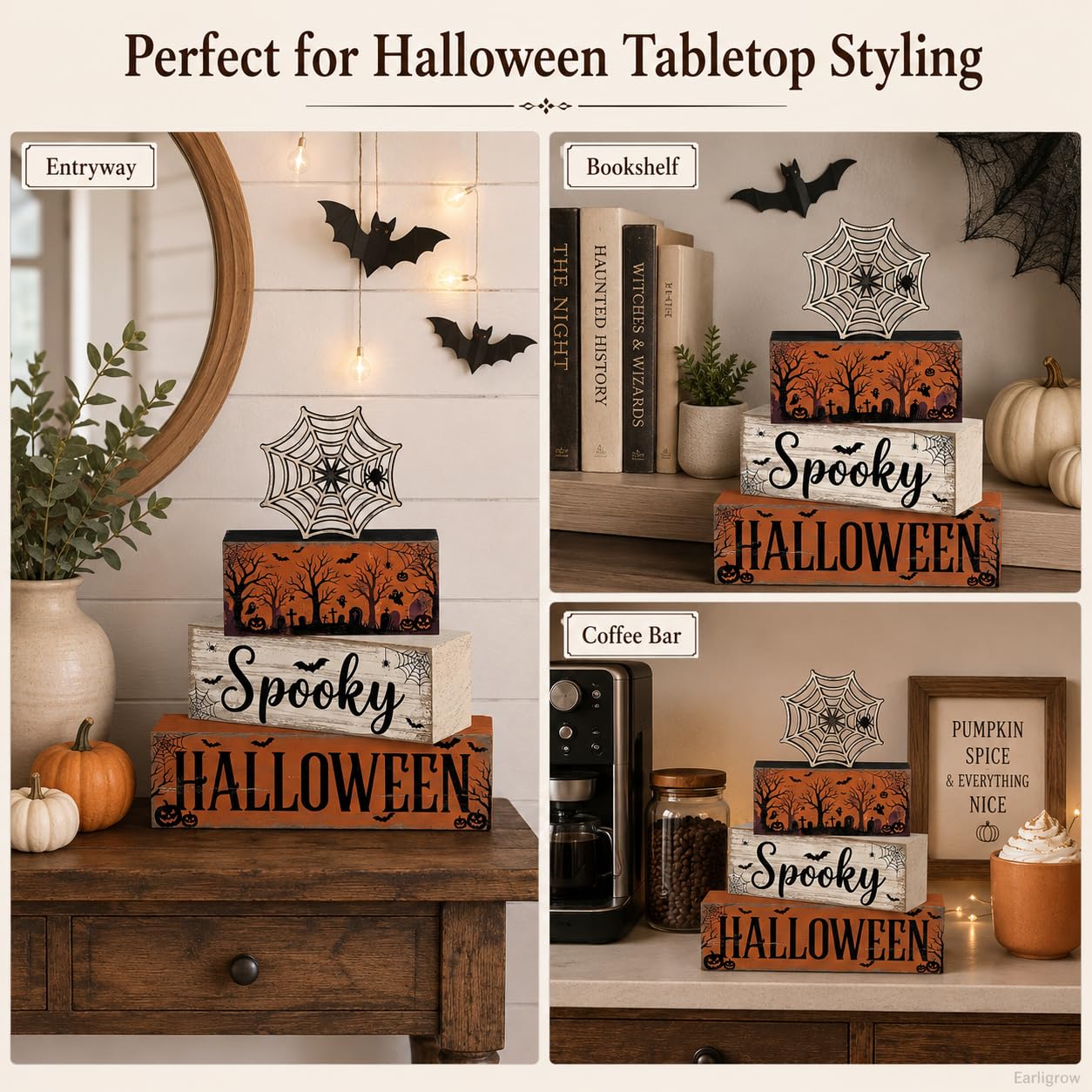 4 Pcs Halloween Table Decorations, Spider Web Tiered Tray Decor, Farmhouse Rustic Wooden Block Signs, Spooky Halloween Tabletop Centerpiece for Home Kitchen Shelf Office Mantel