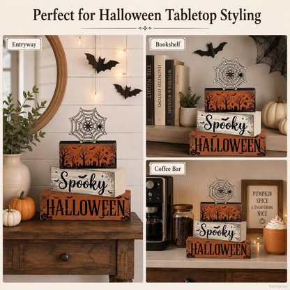 4 Pcs Halloween Table Decorations, Spider Web Tiered Tray Decor, Farmhouse Rustic Wooden Block Signs, Spooky Halloween Tabletop Centerpiece for Home Kitchen Shelf Office Mantel