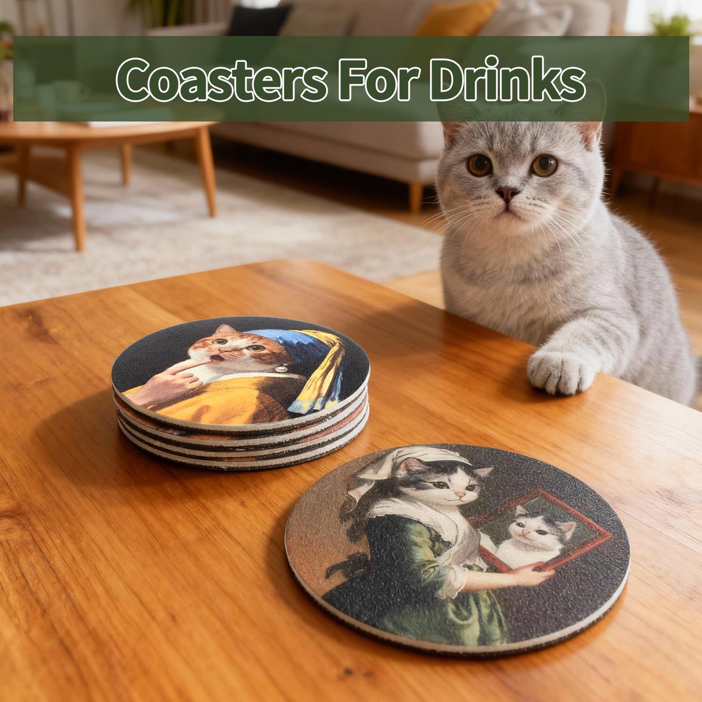 TBWHL Funny Coasters Set of 6, Fun Cat Drink Coasters, Absorbent Drink Anime Cat Coasters, Non Slip Cute Coasters for Desk, Coffee Table, Dining Room Decor