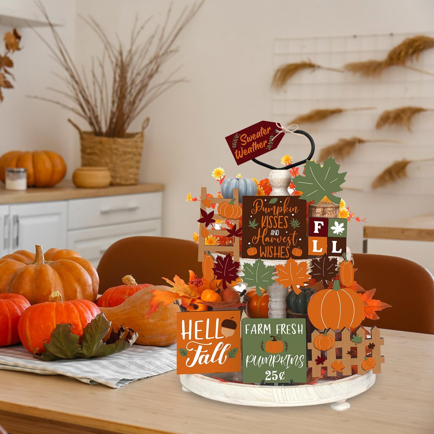BBTO Set of 15 Fall Tiered Tray Decor Pumpkins Farmhouse Decor Autumn Maple Leaf Thanksgiving Table Centerpieces Harvest Wood Blocks Signs for Home(Fresh Style)