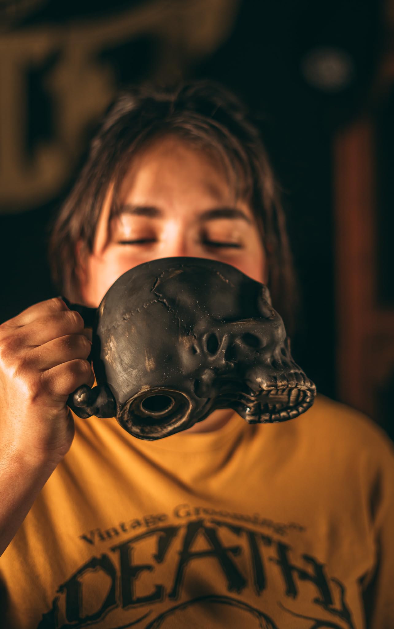 Skull Mug | Black Ceramic Coffee Cup (8 oz) | Gothic Halloween Mug for Tea, Espresso, Cocoa | Dishwasher & Microwave Safe | Unique Gift for Horror Fans, Goth Decor, Skeleton Lovers