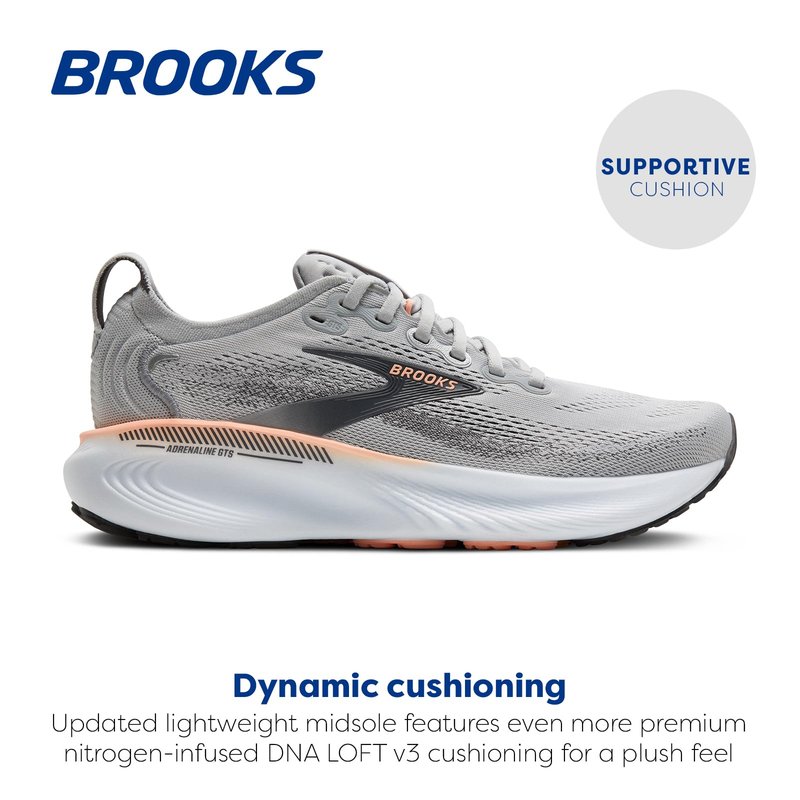 Brooks Women’s Adrenaline GTS 25 Supportive Running & Walking Shoe - Grey/Blackened Pearl/Coral - 5 Medium