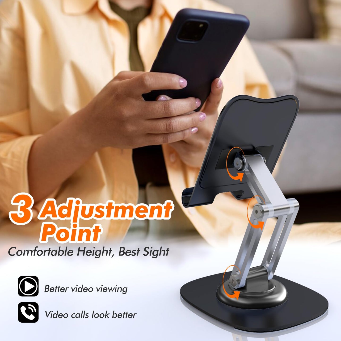 ZTGYGY Metal Phone Stand for Desk, Adjustable Foldable Desktop Phone Holder, 360 Degree Rotating Cell Phone Stand for Recording Compatible with iPhone 17 16 15 14 13 12 11 Pro, Black