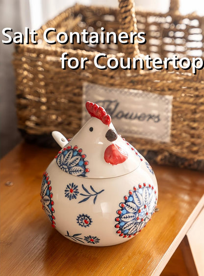 Frezonika Ceramic Salt Cellar with Lid and Spoon, 13 OZ Large Chicken Salt Jar, Salt Holder for Counter, Coffee, Sugar, Spices and Candies, Salt Containers for Countertop (Blue)