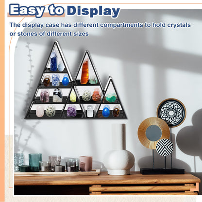 Cinnvoice Rock Display Case Adjustable 11 Grids Acrylic Display Case with Mirrored Crystal Organizer for Collectible, Crystal, Stones, Wall Mountable, Magnetic Door(Black Border, Mountain Style)