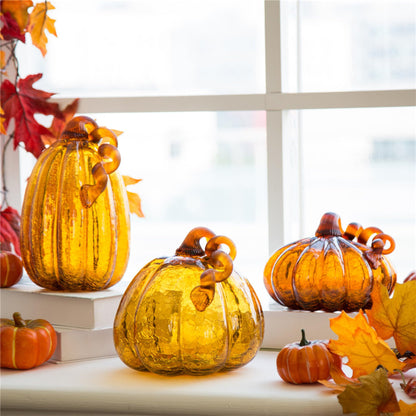 Glitzhome Hand Blown Glass Pumpkin Decor 5.5" Amber - Artisan Fall Table Centerpiece for Thanksgiving Harvest Home Decor Halloween Displays