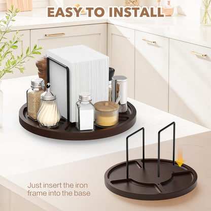 FODIENS Napkin Holder for Table, Rotating Napkin Dispenser with Salt and Pepper Shakers Storage, Standing Paper Napkin Organizer for Kitchen Dining Table Decor (1, Brown Round)