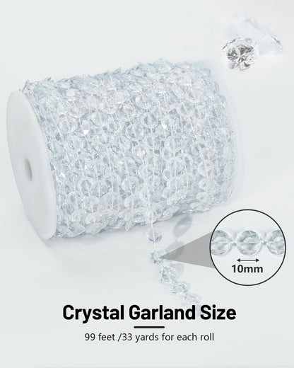99FT Acrylic Crystal Garland, Clear Diamond-Shaped Crystal Bead Strands, DIY Crystal Beads String Roll for Christmas Tree Wedding Decorations Party Decorations Beaded Curtain Crafting Projects