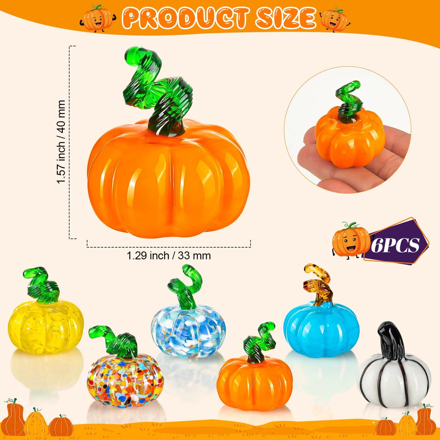 ALDMIO 6 Pcs Halloween Hand Blown Glass Pumpkin Decorations, Mini Pumpkins Halloween Pumpkin Figurines, Glass Fruit Decor for Thanksgiving Ornament, Fall Harvest and Collectible Figurine Present