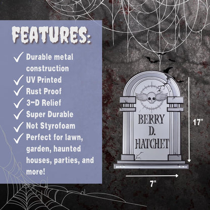 3-D Metal Halloween Ghost XL 17" Tombstone w Stakes -BERRY D HATCHET- Durable, Rustproof, UV Raised Printing- Upgrade Your Haunted House Mansion w Cemetary Lawn Decor- No More Flimsy Foam Graveyards