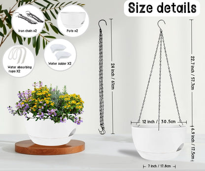 zople 2 Pack 12 Inch Self Watering Hanging Planters for Indoor Plants, Large White Plastic Hanging Pots with Chains for Outdoor Patio Garden Home Decor White