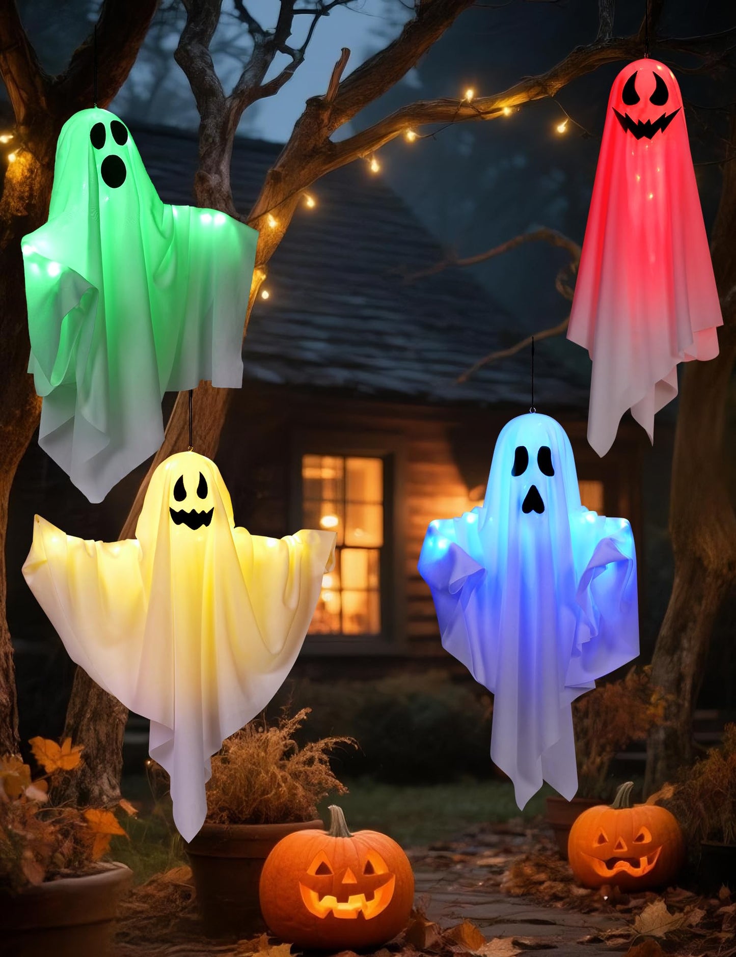 Lightshyer Halloween Decorations Outdoor Indoor 4 Pack Hanging Ghosts Halloween Haunted House Light Up Kit Decor for Tree House Yard Porch Window Bedroom Party