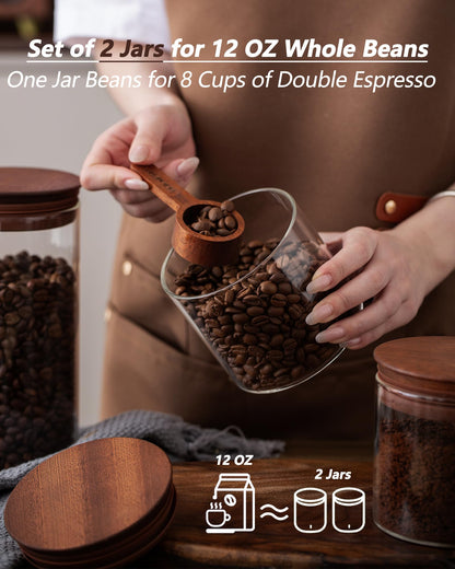 BOILMERIT 17 oz Coffee Canister with Scoop and Wooden Lids, Airtight Glass Coffee Beans Storage Container Sets of 2 for Ground Coffee,Food Storge Jars for Ground Coffee Bar Cereal Snack