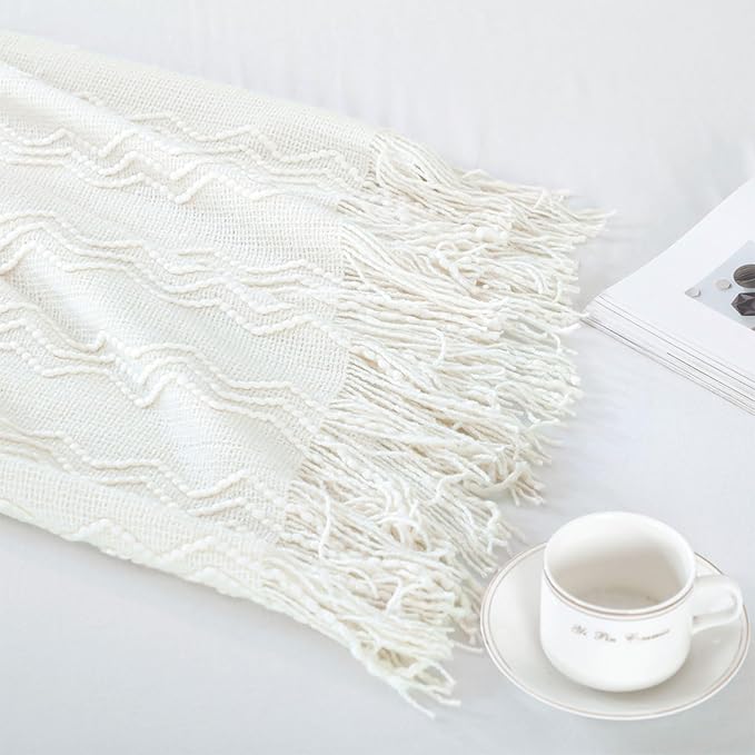 BOURINA Off White Throw Blanket 50x60 Inches Throw Textured Solid Soft Sofa Couch Decorative Knit Blanket