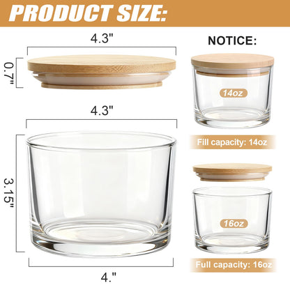 YJHSS 16oz Glass Candle Jars, 6-Pack 3 Wick Candles Jars for Making Candles, Empty Thick Glass Wide-Mouth Jars with Bamboo Lids & Wick Kits, Candle Containers Bulk - Clear
