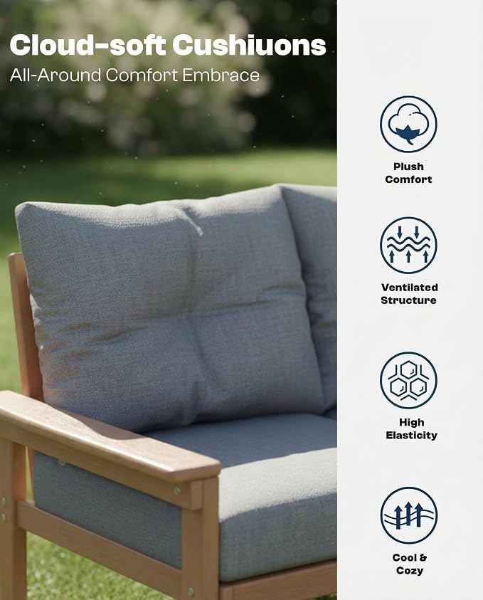 HDPE Outdoor Patio Furniture Set, 10-Piece Patio Conversation Set with 3-Seat Sofa, 4 Armchairs, 2 Side Tables & 1 Coffee Table, All-Weather Outdoor Sofa Set for Deck, Porch, Garden (Teak Frame)