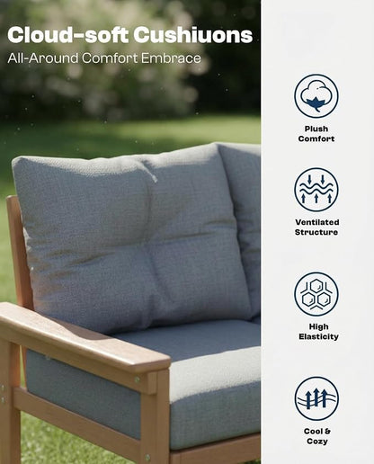 Teak HDPE Outdoor Patio Furniture Set, 10-Piece Patio Conversation Sets with Coffee Table & Washable Thick Cushions, Outdoor Sofa for Garden, Balcony, Porch, Yard, Lawn, Poolside