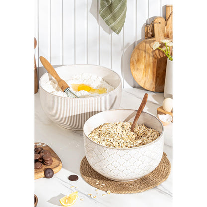 Mikiegy Ceramic Mixing Bowls Set of 2, Nesting Ceramic Embossment Stoneware Mixing Bowls for Cooking, Serving, Popcorn, Salad etc, Microwave & Dishwasher Safe, 98/145 oz, Off-White