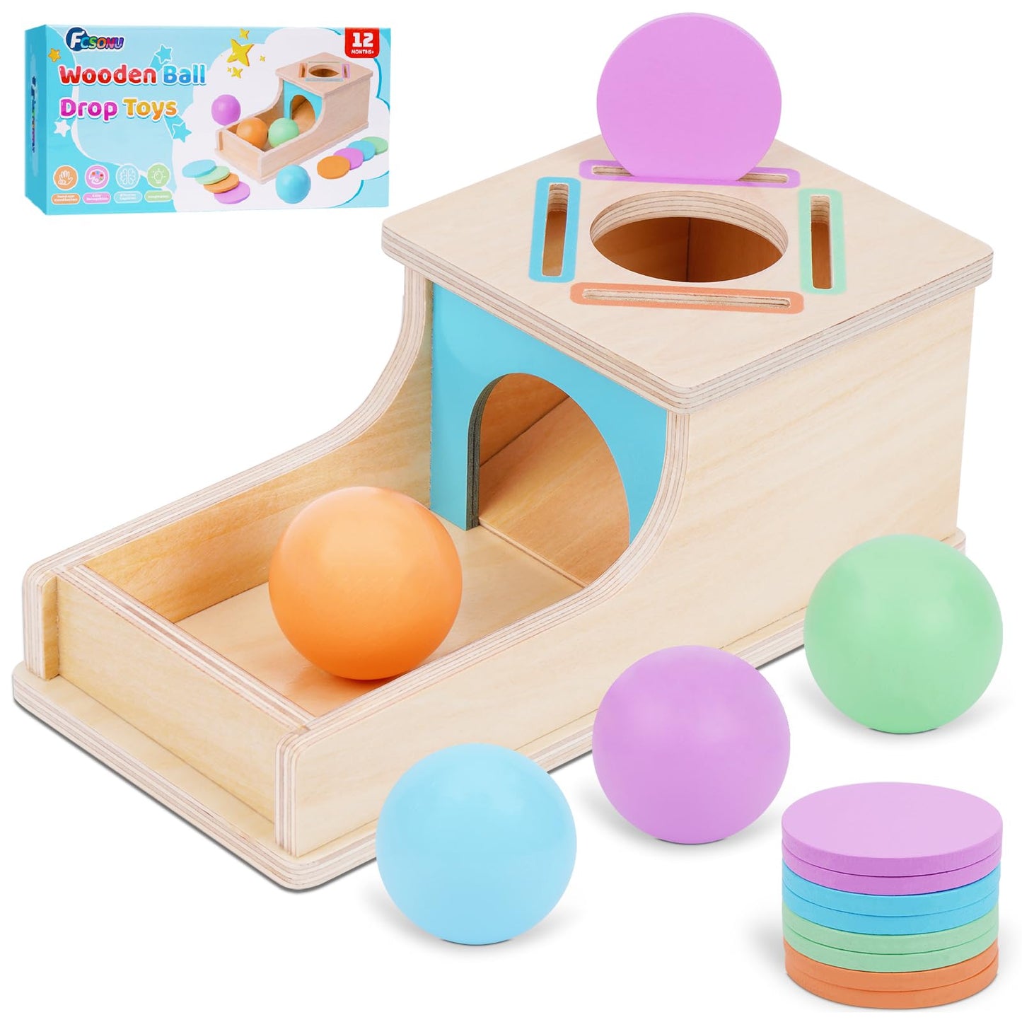 FCSONU Toddlers Montessori Coin Box Toys for 1 2 3 Year Old Boys Girls, Object Permanence Box Ball Drop Toy, Learning Sorting Sensory Toys for Ages 2-3 Kids, 1st Birthday Gifts for Baby 12-18 Months