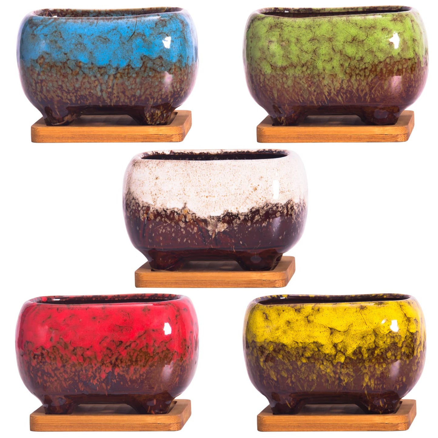 ARTKETTY Succulent Pots - 4.7 Inch Ceramic Succulent Planters Pots with Drainage Set of 5, Rectangular Bonsai Pots with Bamboo Trays Small Pots for Indoor Cactus Flower Plants for Home Office Decor